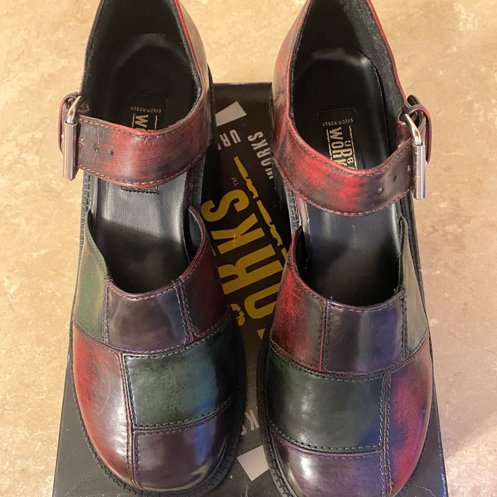 Urban Works Vintage Chunky 90’s Patchwork Mules with Ankle Strap Size 8